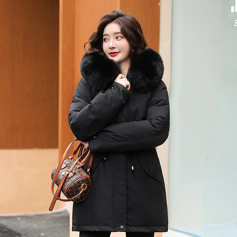 Women's long faux wool-lined parka with fur collar