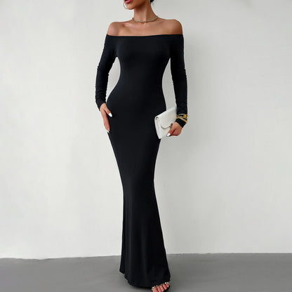 Women’s Maxi Dress – Off-Shoulder – Stretch Fit – Long Sleeve Elegant Formal Gown