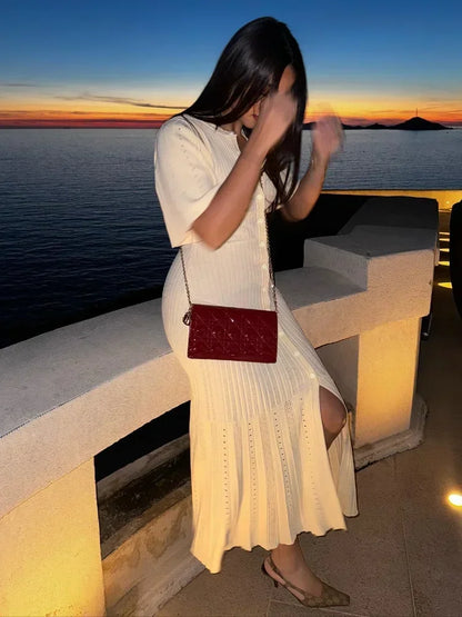 Women's Knit Dress - V-Neck - Short Sleeve - Button Front - Form-Fitting Elegant Style