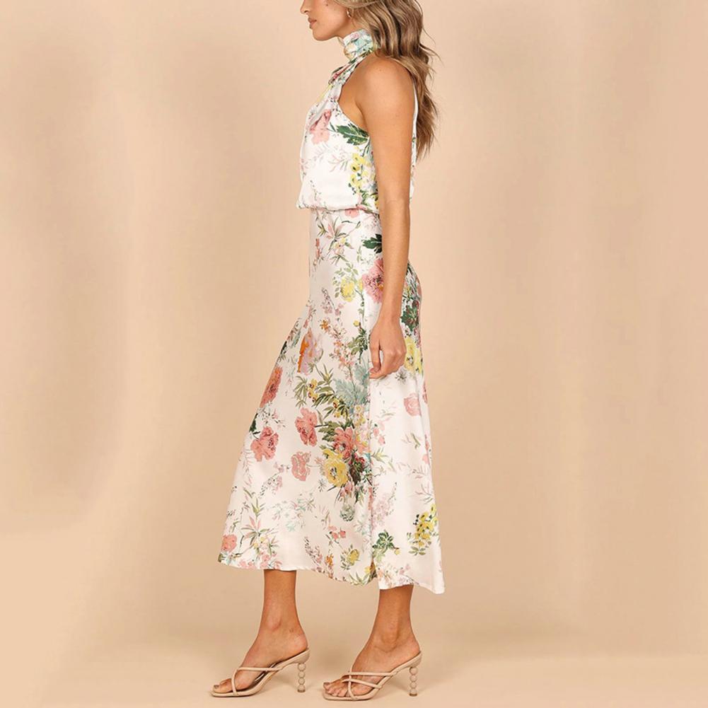 Women's Halter Neck Midi Dress - Sleeveless Flowing Fit - Elegant Floral Design