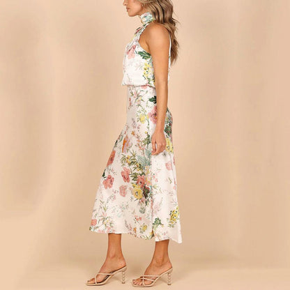 Women's Halter Neck Midi Dress - Sleeveless Flowing Fit - Elegant Floral Design