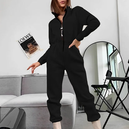Women's Jumpsuit - Oversized Fit - Hooded with Zipper & Pockets - Elastic Waist