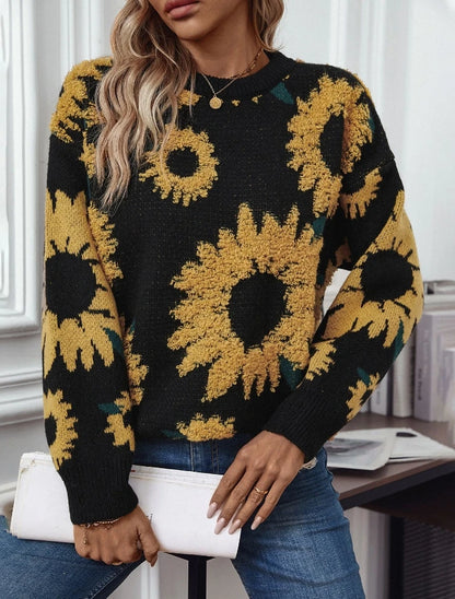 Women's sunflower embroidered round neck long sleeve pullover sweater