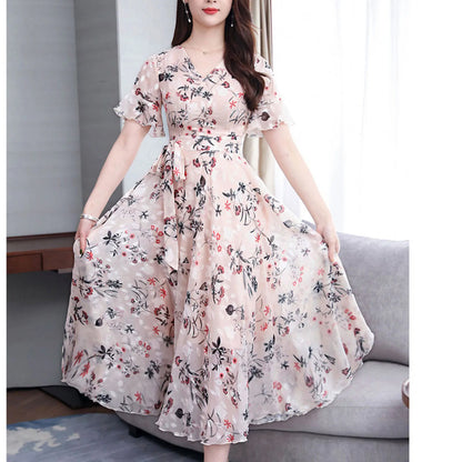 Women's Maxi Dress - Floral Print - V-Neck - Flutter Sleeves - Fitted Waist Elegant Wear