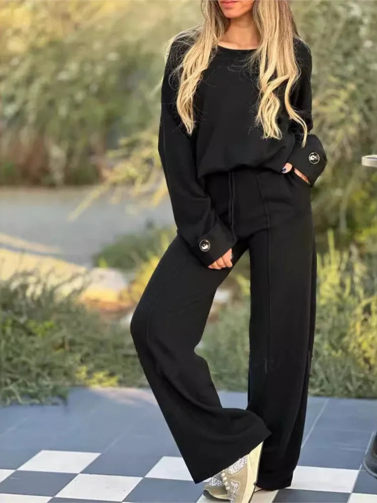 Women’s casual long sleeve t-shirt and wide leg trousers set