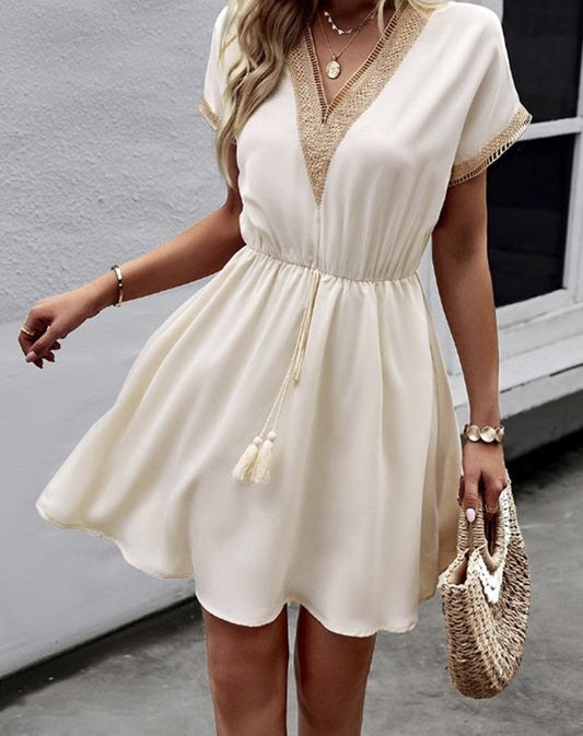 Lace Trim Flowy V-Neck Mini Dress