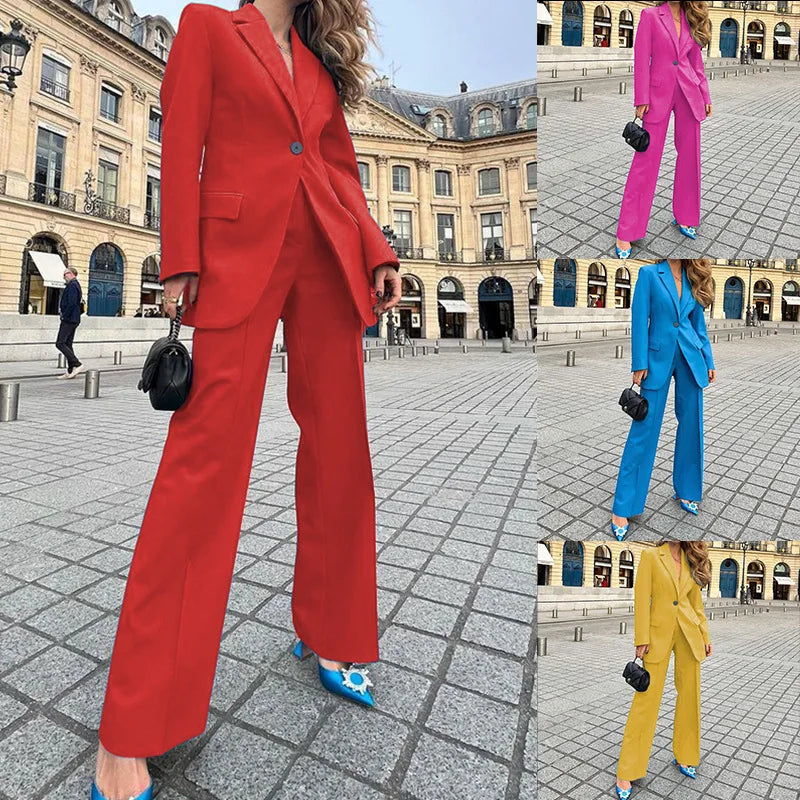 Women's lapel one-button closure blazer and pants 2-piece outfit set