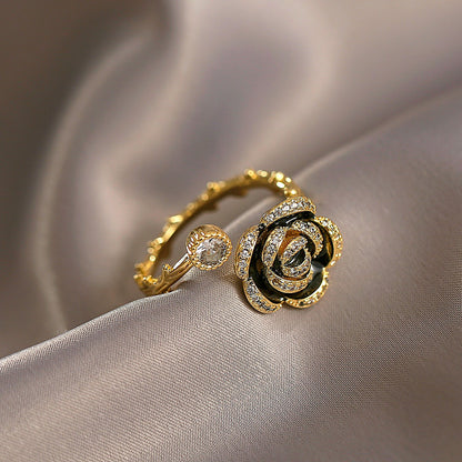 Women's Floral Ring - Elegant Rose Design - Crystal Embellished - Adjustable Fit