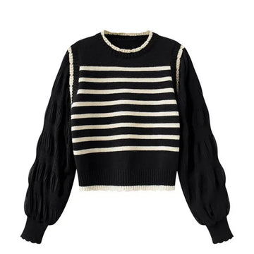 Women's chic stripe knit balloon sleeve sweater