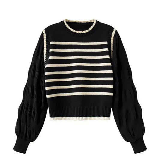 Chic Stripe Knit Balloon Sleeve Sweater