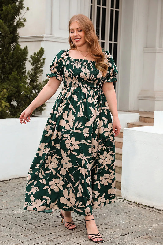 Floral Print Puff Sleeve Smocked Maxi Dress