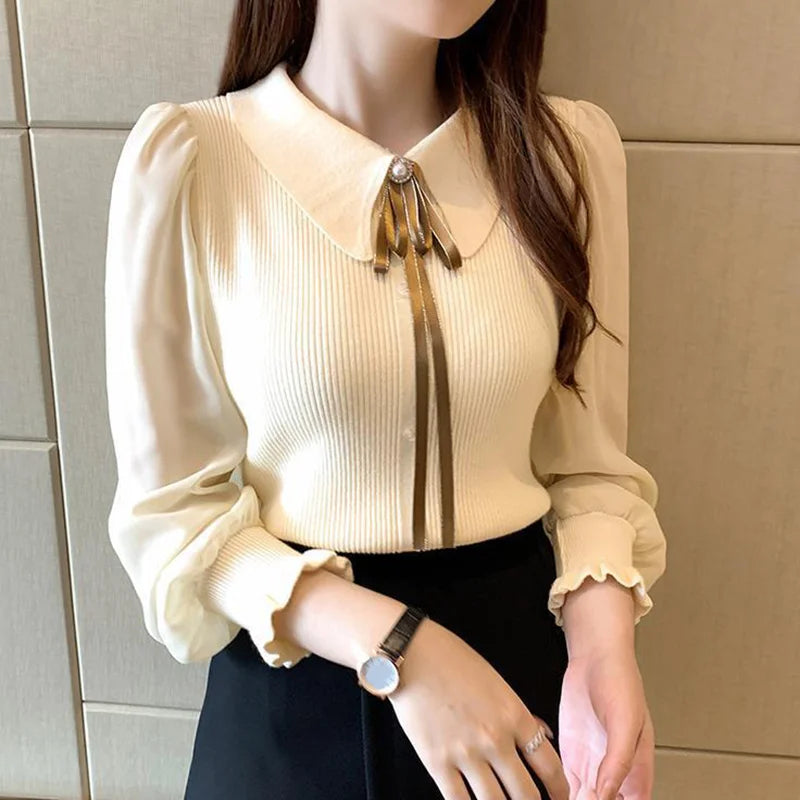 Ribbed Knit Puff Sleeve Blouse With Bow