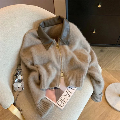 Women’s leather polo collar knitted cardigan with double-head zipper