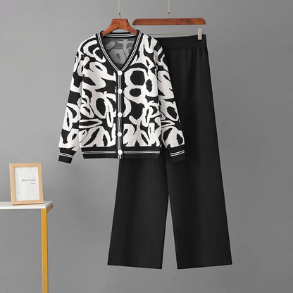 Women's spring/autumn leopard print knitted cardigan wide-leg pants two-piece set