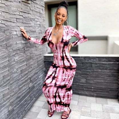 Women's colorful tie-dye long sleeve bodycon dress