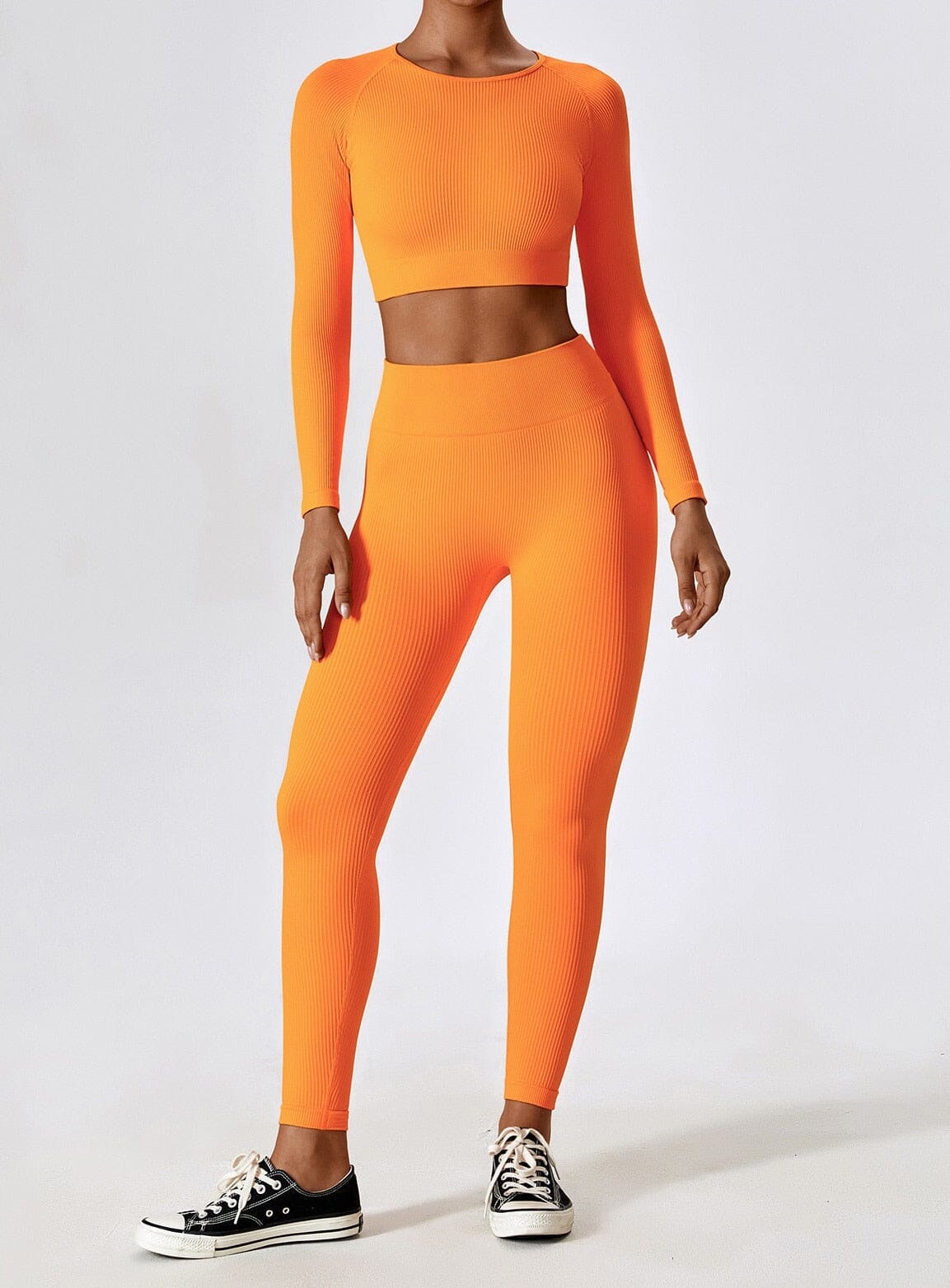 Women's Ribbed Knit Two-Piece Set - Long Sleeve Crop Top & High-Waisted Leggings