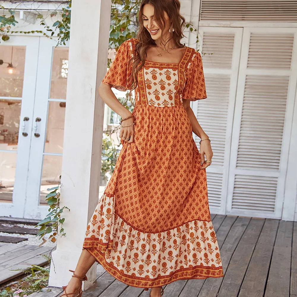 Bohemian Print Cotton Blend Maxi Dress