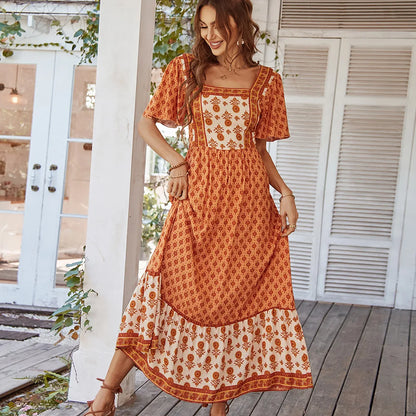 Women’s Maxi Dress – Cotton Blend – Bohemian Print – Tiered Skirt – Square Neckline