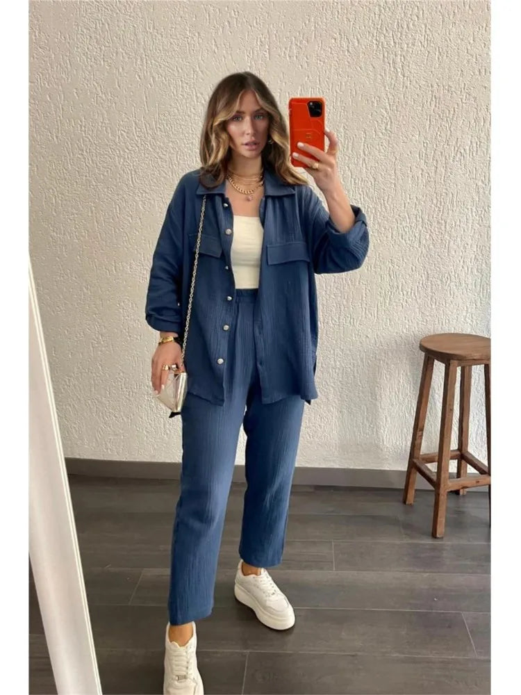 Women's casual long sleeve shirt and loose button pants set