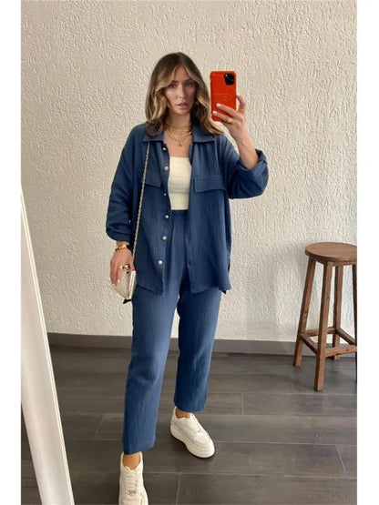 Women's casual long sleeve shirt and loose button pants set