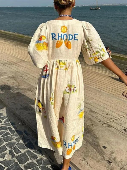 Women's Midi Dress - Loose Fit - V-Neck - Long Sleeve Lightweight Boho Style
