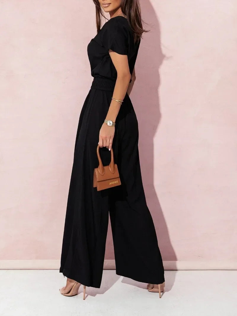 Women's Wide-Leg Jumpsuit - V-Neck Short Sleeve - Cinched Waist with Belt