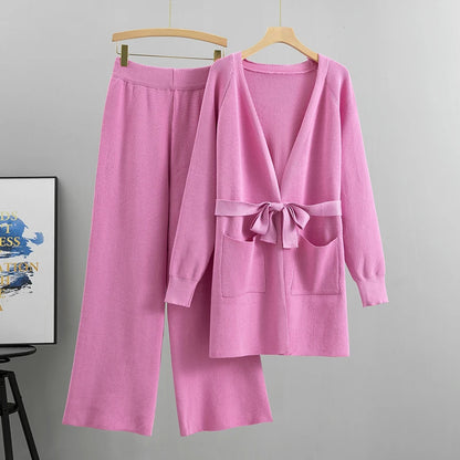 Women's autumn winter knit cardigan wide leg pants sets