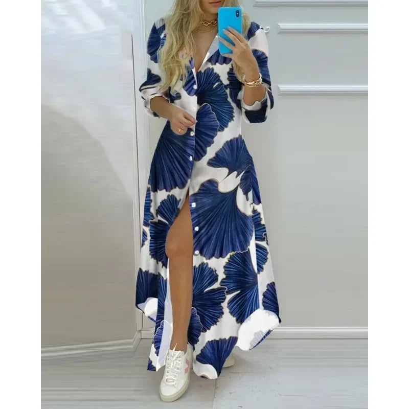 Women's long sleeve button down slit shirt dress with print