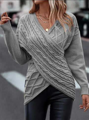 Kia - wrap cross-drop shoulder cable knit sweater