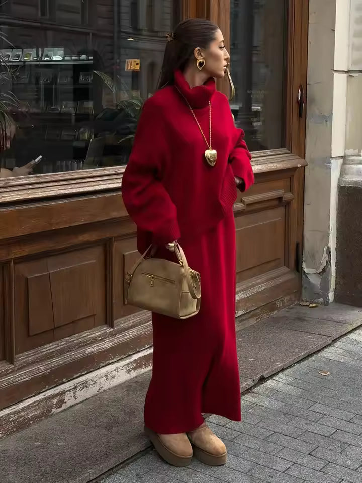 Two-Piece Wool Blend Oversized Knit Maxi Skirt Set 
