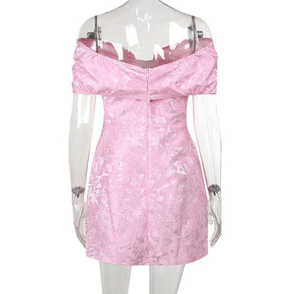 Women’s Mini Dress – Textured Jacquard – A-Line Fit – Off Shoulder – Statement Bow