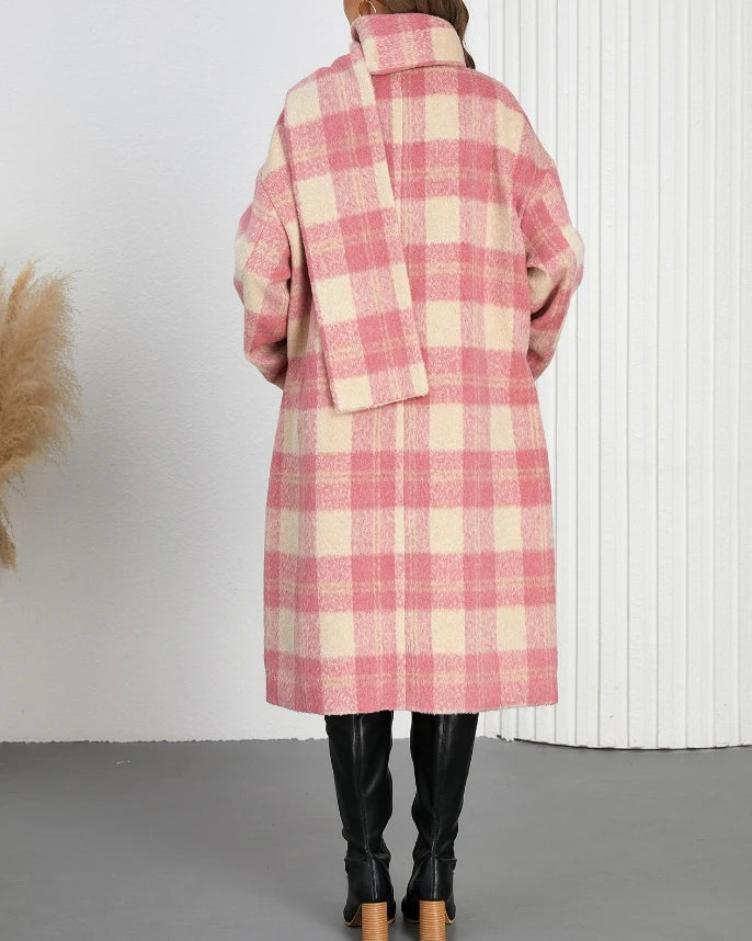 Elegant women’s medium-length plaid double-breasted v-neck coat