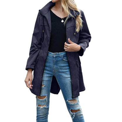 Women's casual hooded jacket with waist drawstring and pockets
