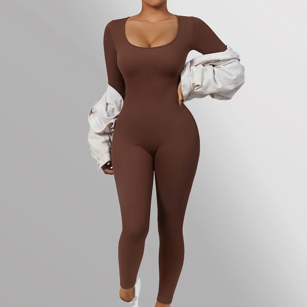 Women's Bodycon Jumpsuit - Long Sleeve Scooped Neck - Stretchable Full-Length Fit