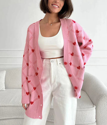 Women's knitted cardigan with heart print and buttons