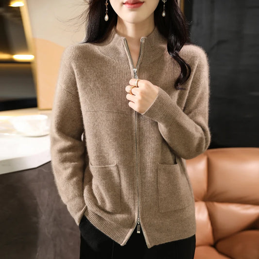 Textured Zip Half-Collar Cardigan