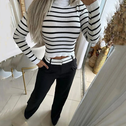 Women's casual striped long sleeve top and loose pants set