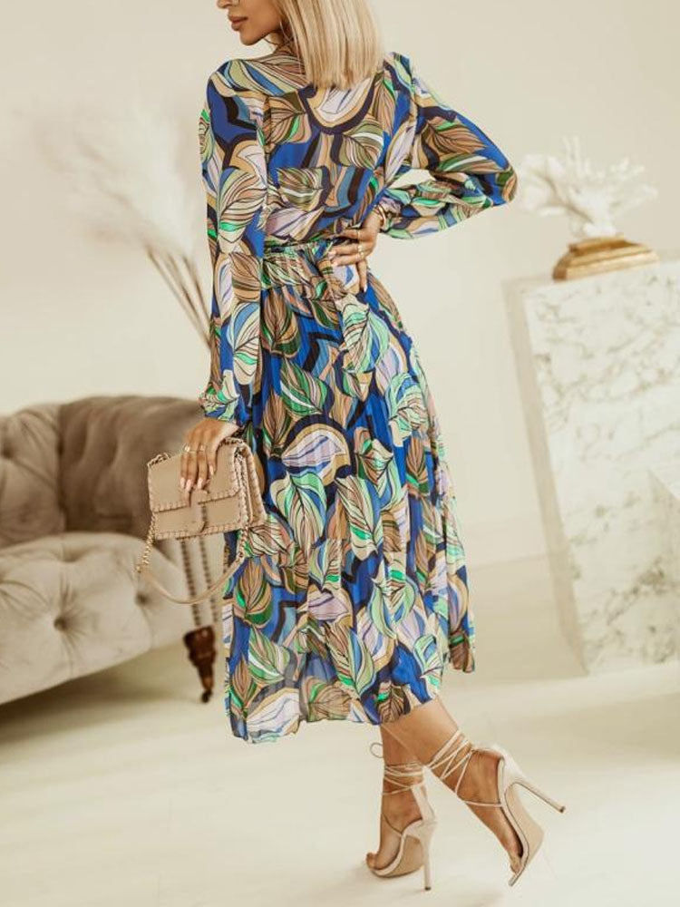 Women's Midi Dress - Button-Up Front - Long Sleeve - Cinched Waist Tie Belt