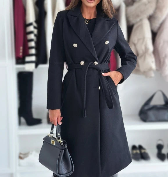 Elegant women’s double-breasted coat with tie closure