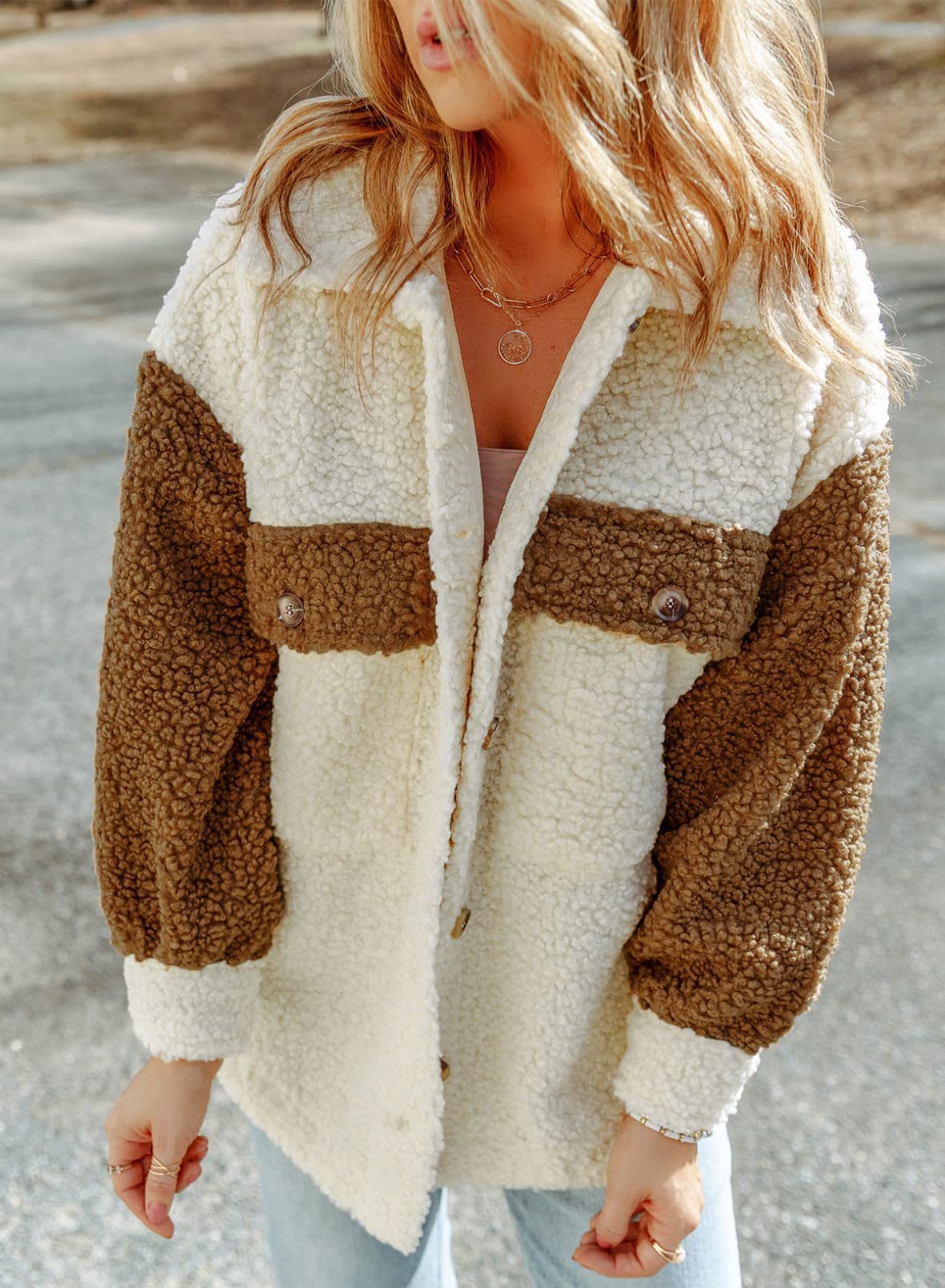 Women’s Sherpa Jacket - Soft Fleece - Button-Up - Relaxed Fit - Long Sleeve