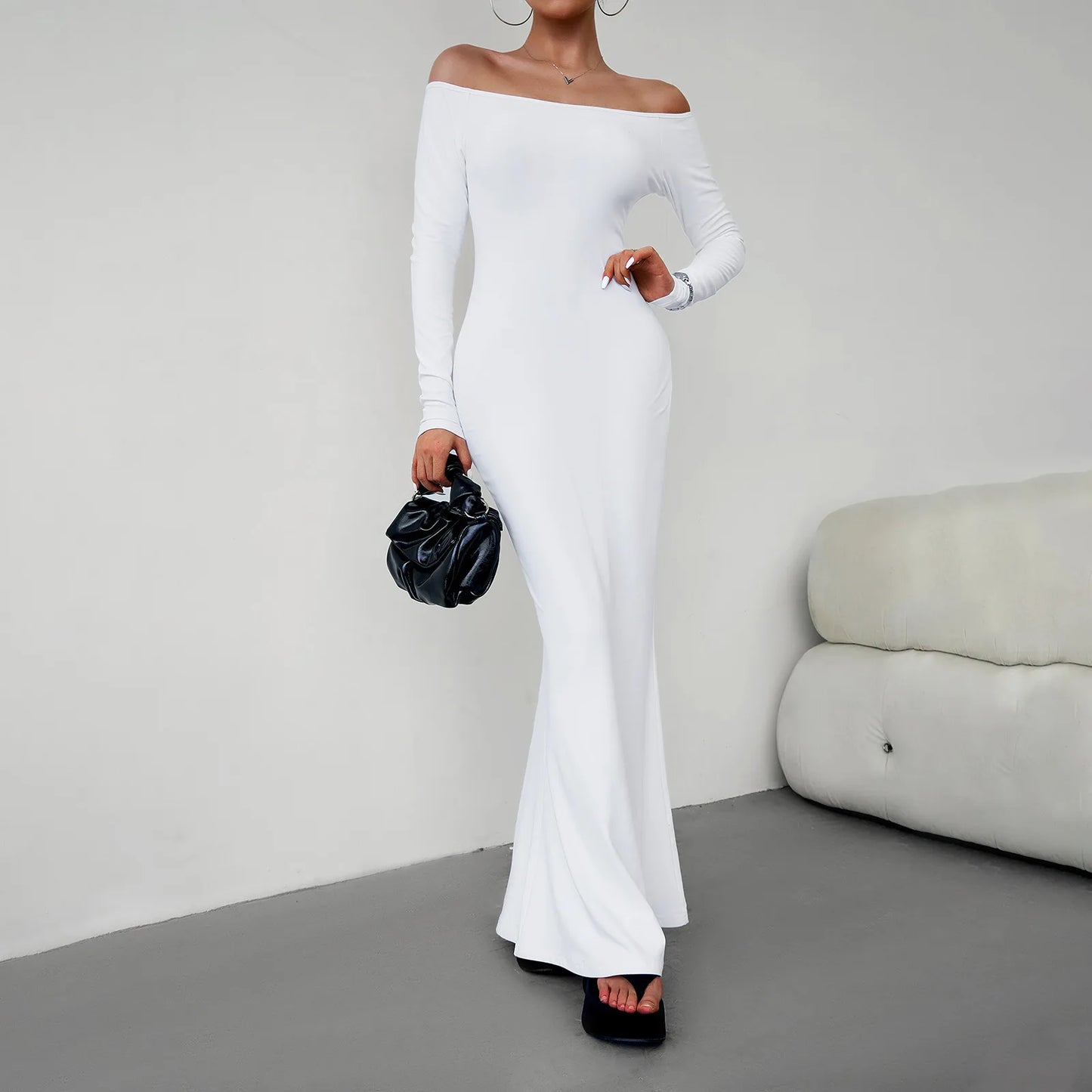 Women’s Maxi Dress – Off-Shoulder – Stretch Fit – Long Sleeve Elegant Formal Gown