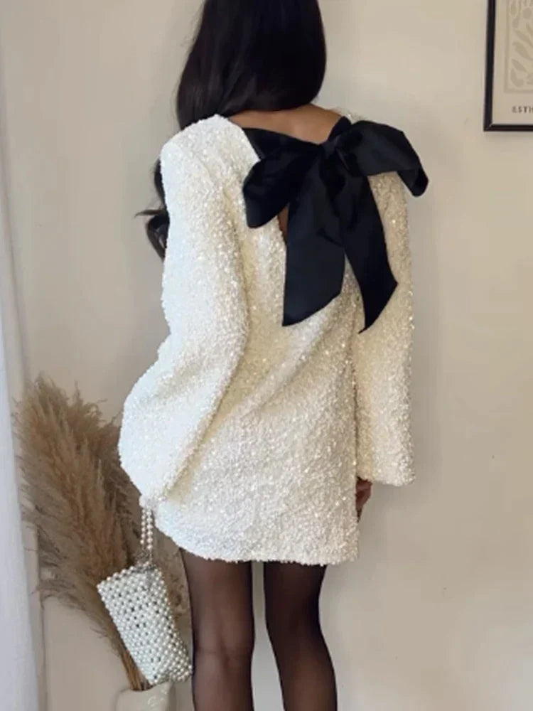 Women's Long-Sleeve Mini Dress - Boucle Textured - Shift Style - Round Neck