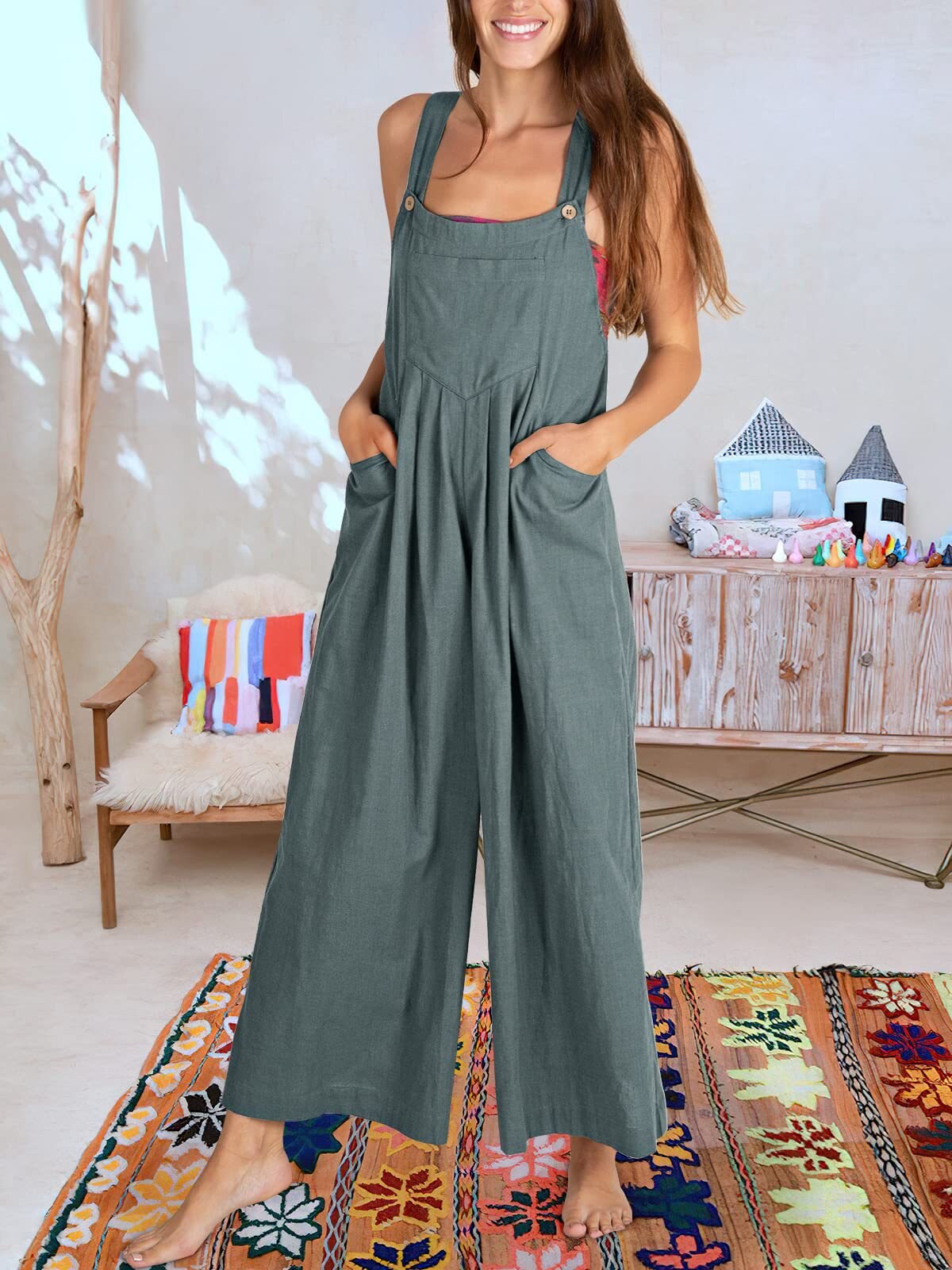 Women's Linen Jumpsuit - Loose Fit Wide-Leg - Sleeveless Adjustable Strap - Casual Wear