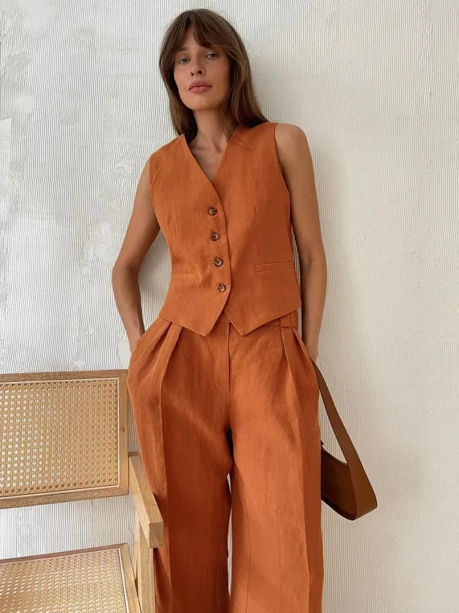 Women's Two-Piece Suit - Sleeveless Fitted Vest & High-Waisted Wide-Leg Trousers