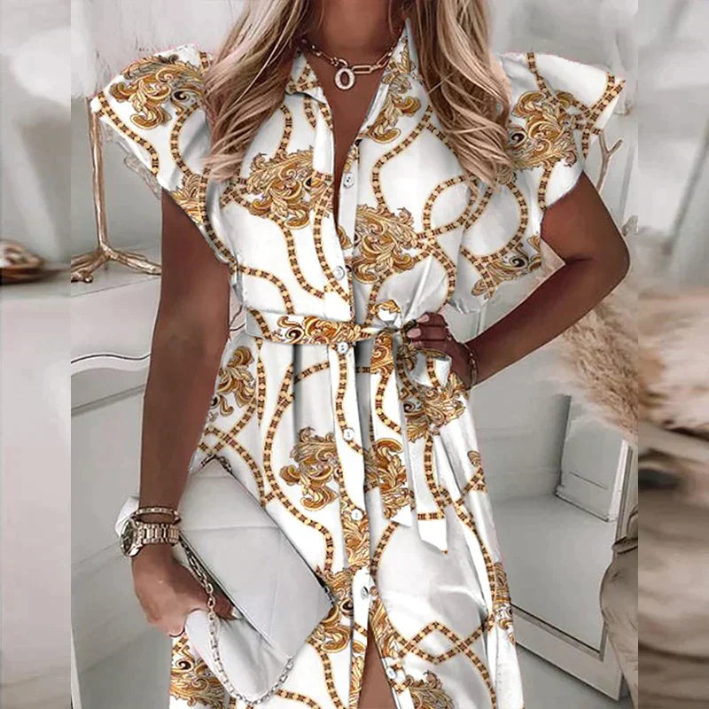 Women's Midi Dress - Button Down - Waist Tie - Ruffle Short Sleeves - Casual Chic