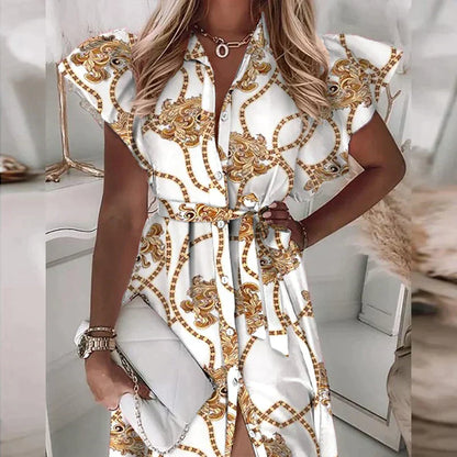 Women's Midi Dress - Button Down - Waist Tie - Ruffle Short Sleeves - Casual Chic