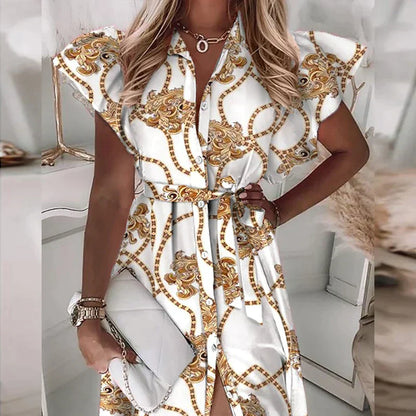 Women's Midi Dress - V-Neck Button-Up - Short Sleeve Belted Waist - Elegant Print