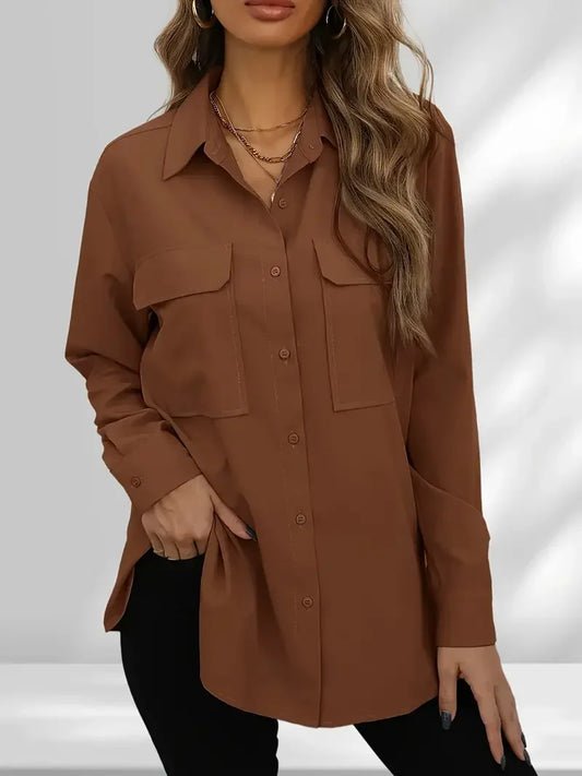 Solid brown button-up long sleeve shirt for women