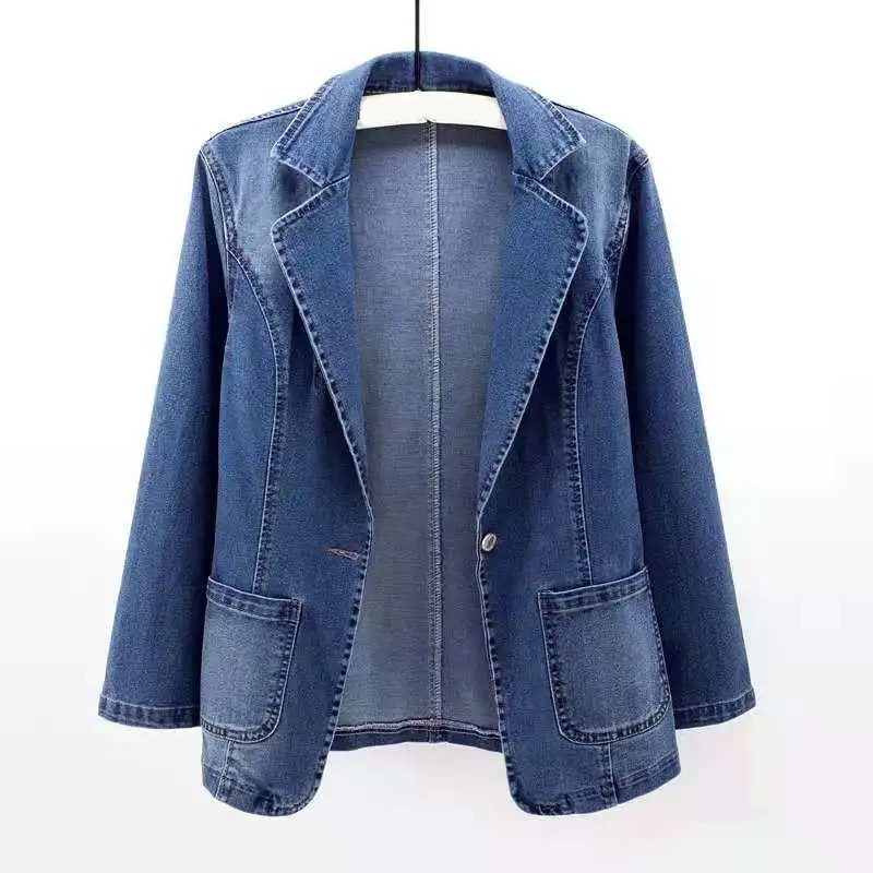 Women's slim fit denim jacket with suit collar and one button