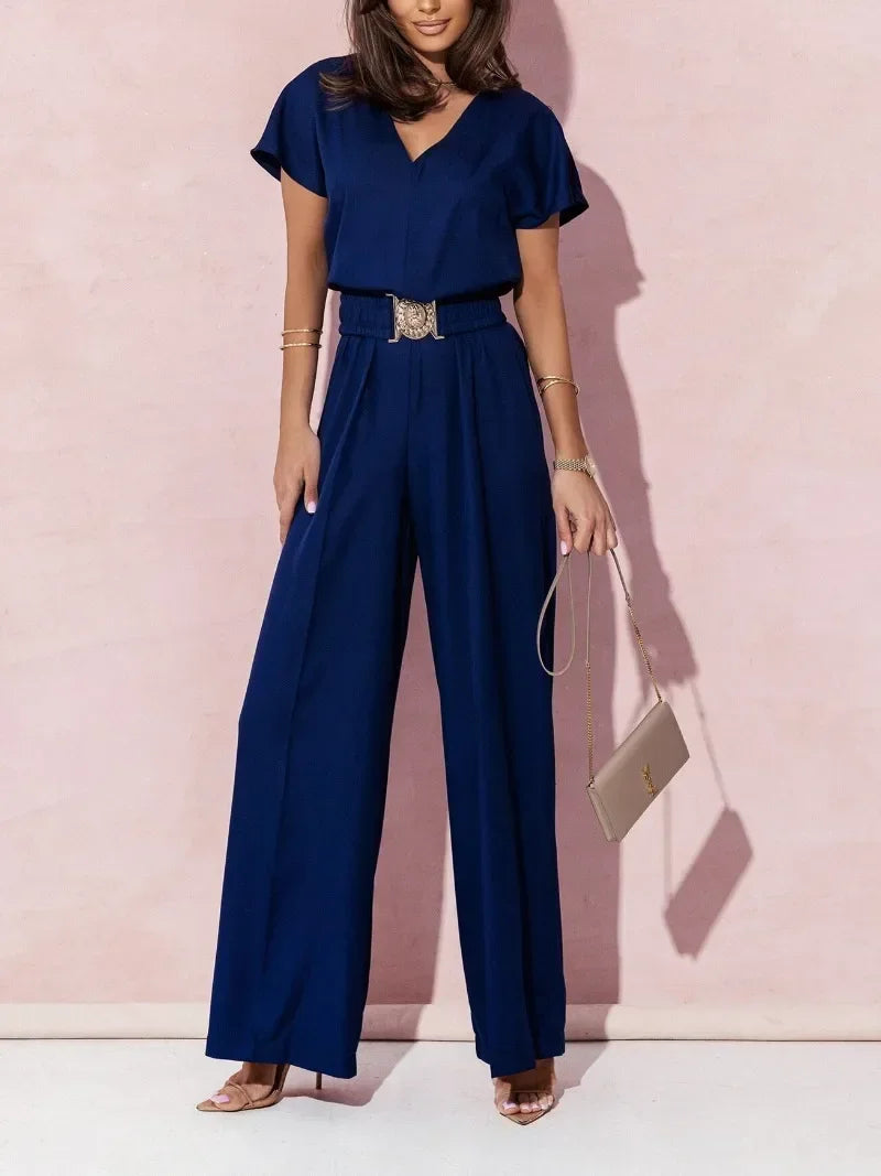 Women's Wide-Leg Jumpsuit - V-Neck Short Sleeve - Cinched Waist with Belt